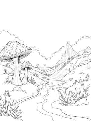 Dreamy Hillside with Oversized Mushrooms and a Starry River
