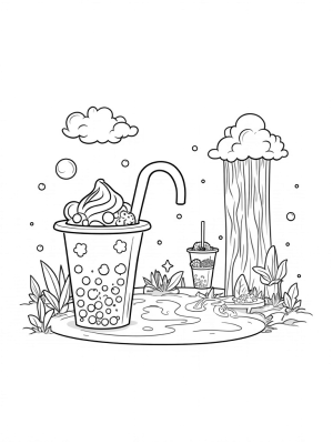 Boba Tea Garden with Colorful Cups and a Rainbow Waterfall