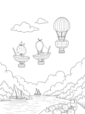 Fruit-Themed Airship Fleet in a Cloudy Sky