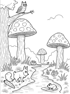 Forest Gathering with Animals and Mushrooms