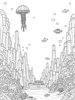 Underwater City with Coral Skyscrapers and Jellyfish