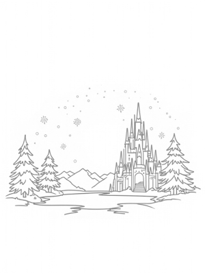 Majestic Ice Castle with Snowflakes and Pine Trees