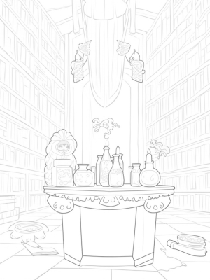 Magical Library with Enchanted Potions and Owls