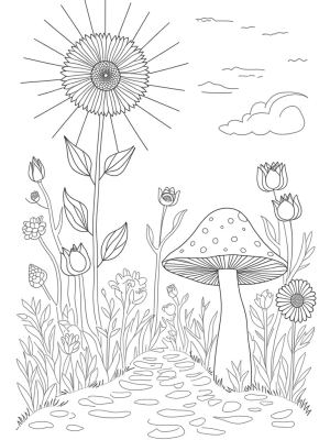 Giant Sunflower and Colorful Tulips in a Whimsical Garden