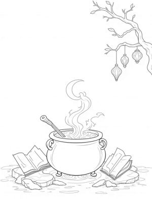 Mystical Cauldron and Floating Spell Books