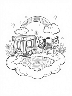 Dream House on Floating Clouds with Colorful Furniture