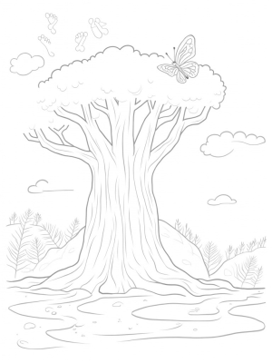 Ancient Tree with Dinosaur Footprints and Butterfly