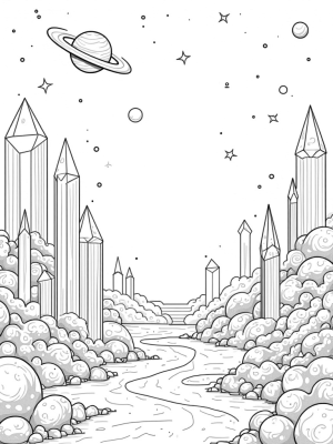 Cosmic Garden with Crystalline Trees and Shooting Stars