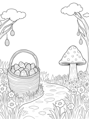 Colorful Eggs and Bunny Clouds in a Garden