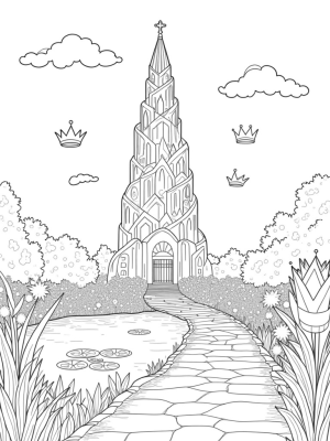 Colorful Crystal Tower Surrounded by a Lush Garden