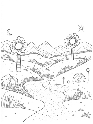 Whimsical Hillscape with Starry River and Towering Flowers