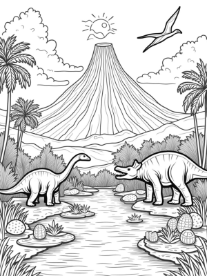 Colorful Stegosauruses by a Volcano and River