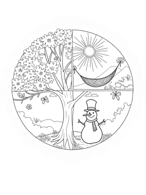 Four Seasons Tree with Spring Flowers, Summer Sun, Autumn Leaves, and Winter Snowman