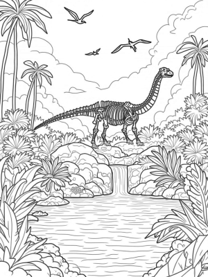 Prehistoric Jungle with Dinosaur Skeleton and Waterfall