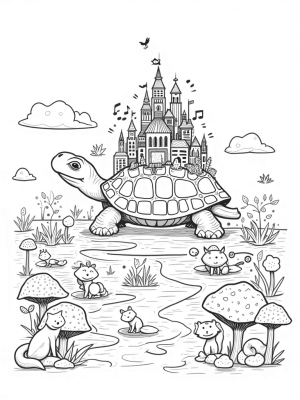 Giant Turtle with Cityscape and Playful Animals