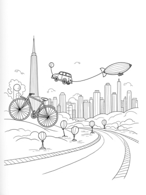 Oversized Vehicles in a Whimsical Cityscape
