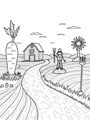 Giant Vegetables and a Colorful Barn in a Whimsical Farm Landscape