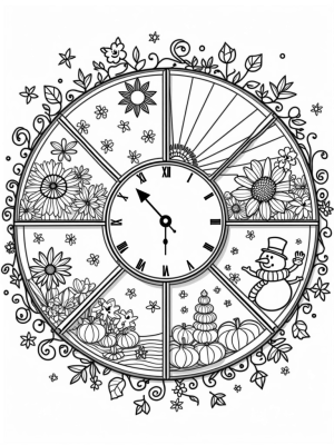 Seasonal Wheel with Spring Flowers, Summer Sun, Autumn Leaves, and Winter Snowman
