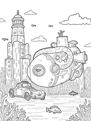 Underwater City with Colorful Submarines and a Giant Octopus