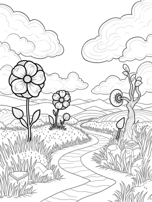Enchanted Meadow with Towering Flowers and Winding River