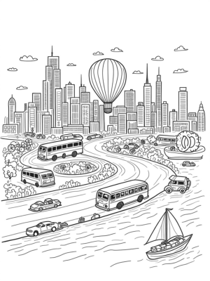Cityscape of Vehicles: Buses, Boats, and More