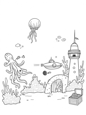 Underwater City with Submarines and a Giant Octopus