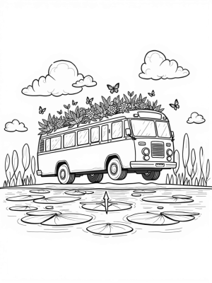 Floating Garden Bus in a Whimsical Cityscape