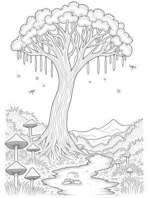 Crystal Tree with Colorful Leaves and Mushrooms