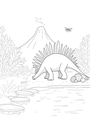 Prehistoric Jungle with Stegosaurus and Volcano