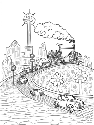 Flower Cars and a Giant Bicycle in a Colorful Cityscape