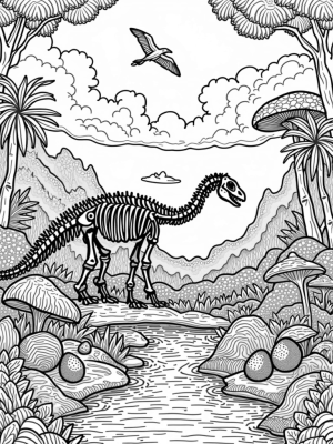Prehistoric Jungle with a Dinosaur Skeleton