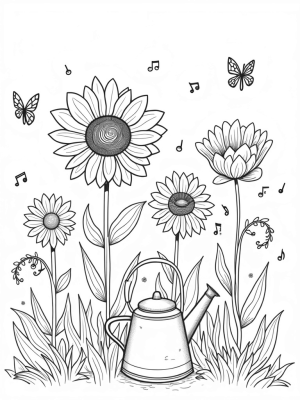 Giant Sunflower and Musical Note Blossoms in a Garden