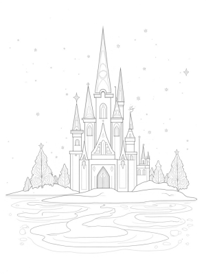 Majestic Ice Castle with Frozen Lake and Snowflakes