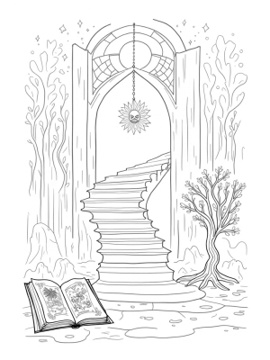 Spiraling Staircase Through a Stained Glass Archway