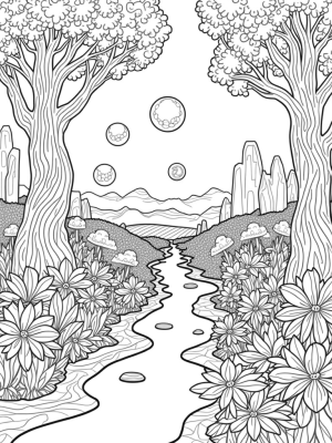 Otherworldly Garden with Geometric Flowers and Spiraled Trees