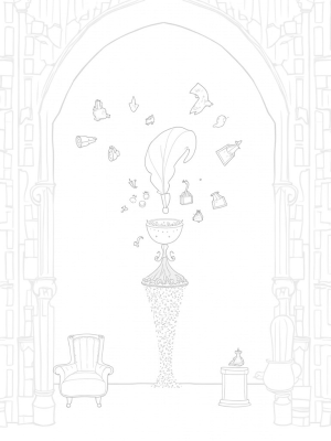 Magical Wizarding Library with Floating Quill and Enchanted Globe