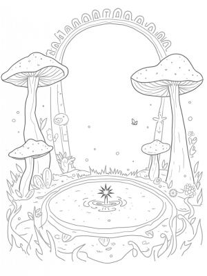 Mystical Garden with Oversized Mushrooms and a Dragon's Eye Fountain