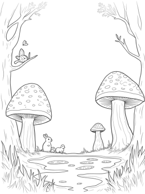 Giant Mushrooms and Curious Rabbits in a Forest Clearing