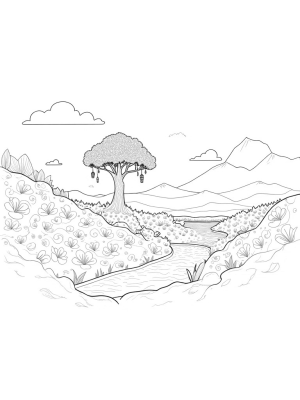 Oversized Flowers and a Spiraled Tree on a Hillside