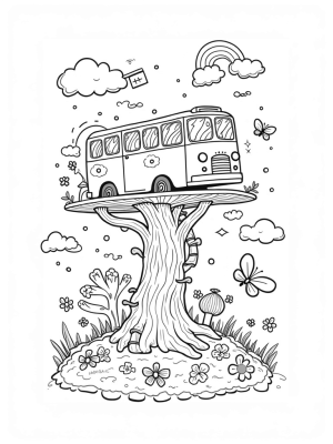 Bus-Shaped Treehouse on Colorful Mushrooms
