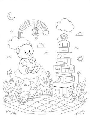 Giant Teddy Bear and Rainbow Building Blocks in a Nursery Landscape