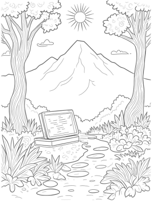Serene Garden with Spiral Trees and Ancient Tablet