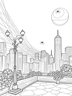 Urban Skyline with a Giant Spider Web and Comic Book Panels