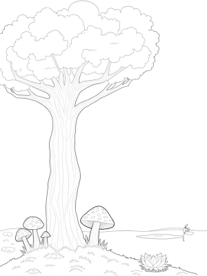 Spiraling Tree with Feathered Leaves and Whimsical Mushrooms