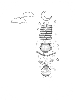 Floating Library with Enchanted Cauldron and Moonlit Magic