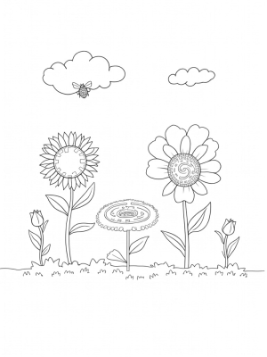 Oversized Flowers and a Floating Bee in a Whimsical Garden