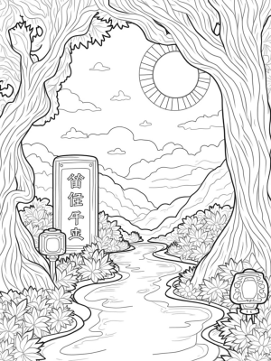 Tranquil Garden with Spiraling Vines and Ancient Tablet