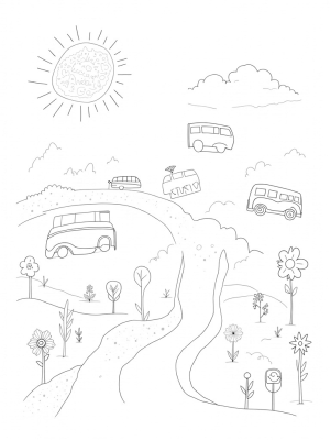 Floating Buses and Spiraling Roads in a Whimsical Cityscape