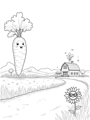 Surreal Farm Landscape with a Giant Carrot and Fun Sunflower