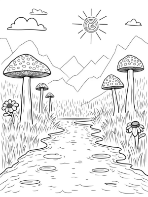 Oversized Mushrooms and a Sparkling River in a Forest Clearing